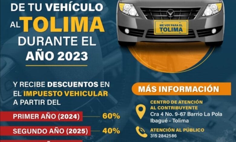 EL GOBIERNO DEPARTAMENTAL DEL TOLIMA, OFRECE GRANDES DESCUENTOS EN EL PAGO DEL IMPUESTO VEHICULAR PARA LOS VEHÍCULOS QUE TRASLADEN SU MATRÍCULA DE OTROS DEPARTAMENTOS A CUALQUIER ORGANISMO DE TRÁNSITO DEL TOLIMA. 5 EL GOBIERNO DEPARTAMENTAL DEL TOLIMA, OFRECE GRANDES DESCUENTOS EN EL PAGO DEL IMPUESTO VEHICULAR PARA LOS VEHÍCULOS QUE TRASLADEN SU MATRÍCULA DE OTROS DEPARTAMENTOS A CUALQUIER ORGANISMO DE TRÁNSITO DEL TOLIMA. 5
