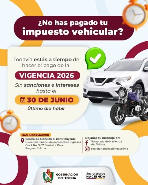 ¡Atención, propietarios de vehículos en el Tolima! ¡Que no se te pase la fecha 1 ¡Atención, propietarios de vehículos en el Tolima! ¡Que no se te pase la fecha 1
